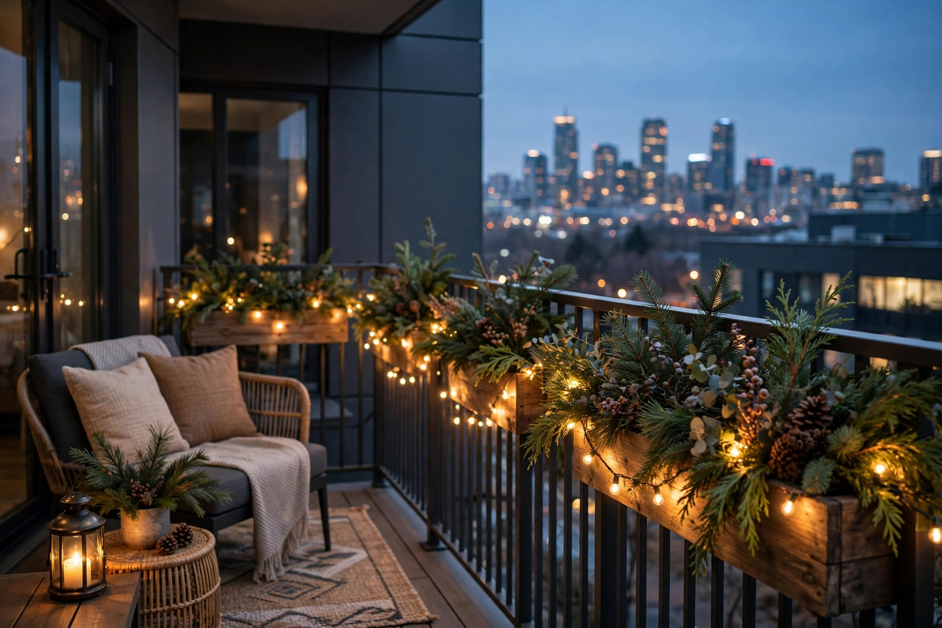 Apartment balcony christmas decor with railing garland, battery string lights, and a small potted tree