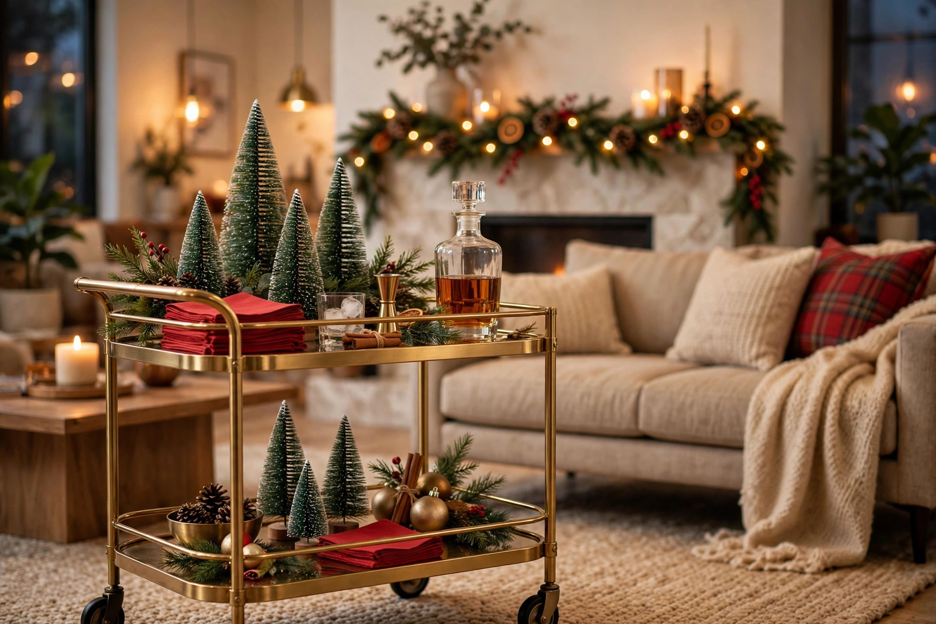Christmas bar cart decor styled as a festive drink station with bottle-brush trees, holiday napkins, and warm lights