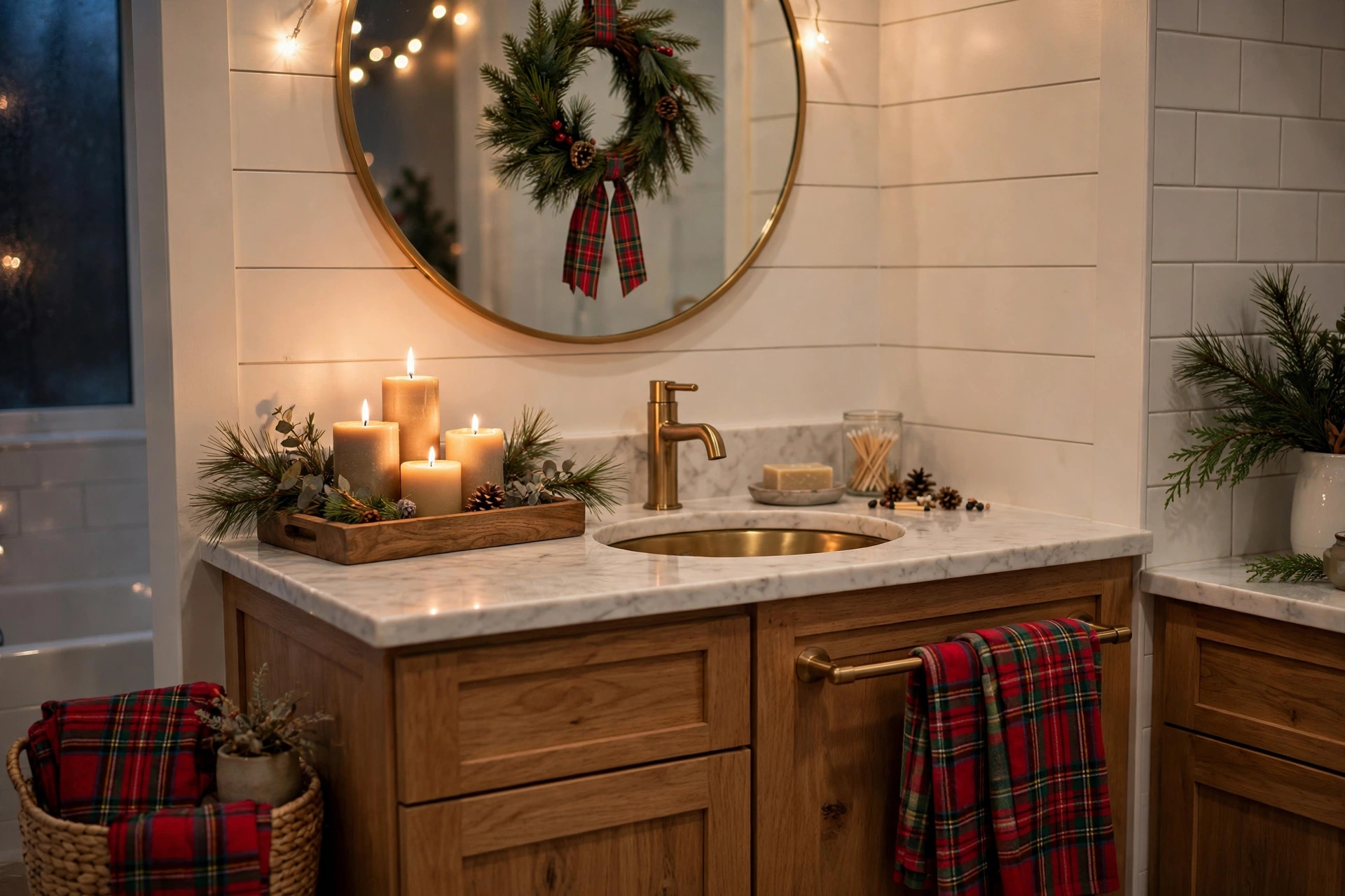 Christmas bathroom decor ideas: guest bath vanity with a holiday tray, festive towels, and a mini wreath on the mirror
