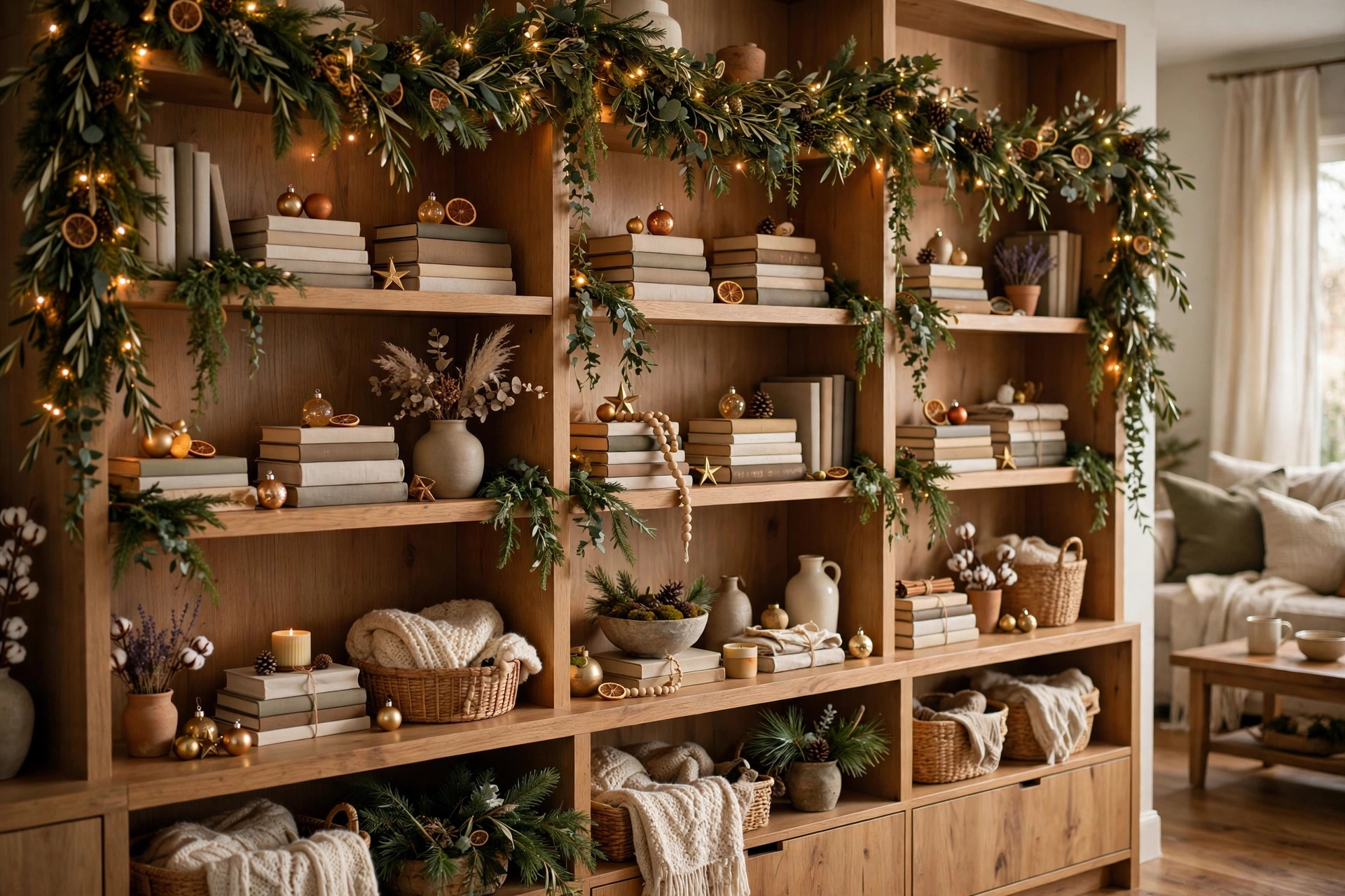 Christmas bookshelf styling with garland, fairy lights, and ornaments tucked between the books