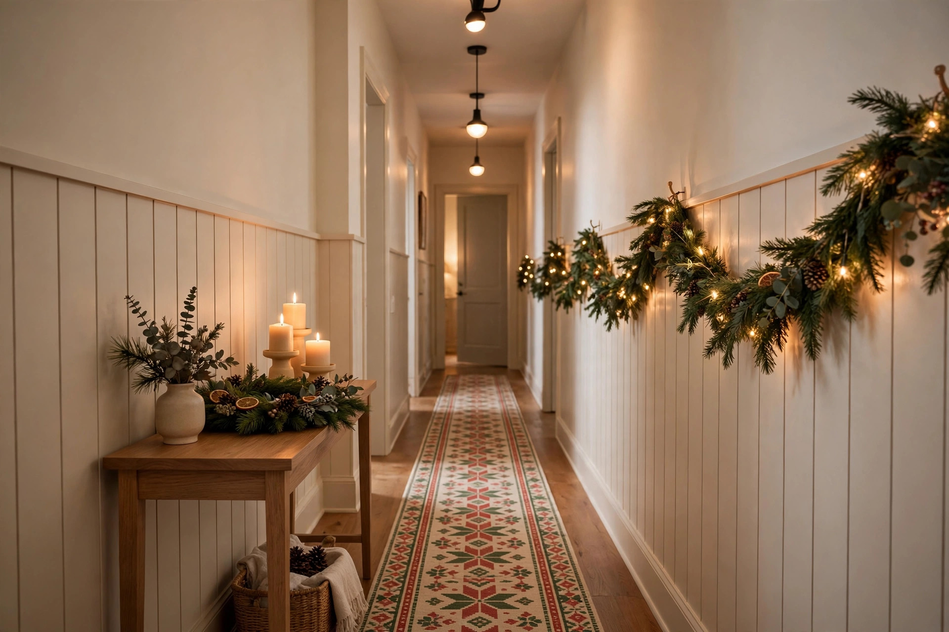 Christmas hallway decor with festive runner rug, slim console table, lit garland and mirror