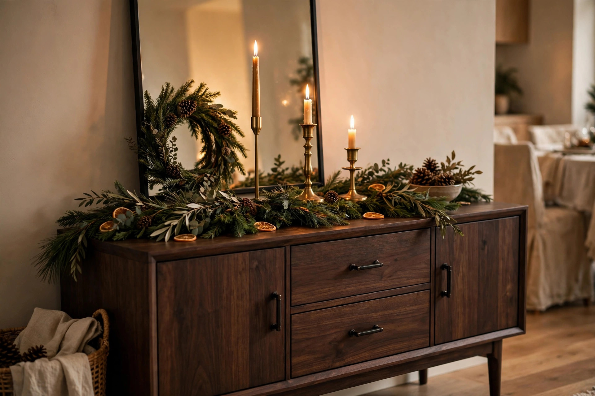 Christmas sideboard styling with a garland runway, staggered candles, and a wreath on the wall above