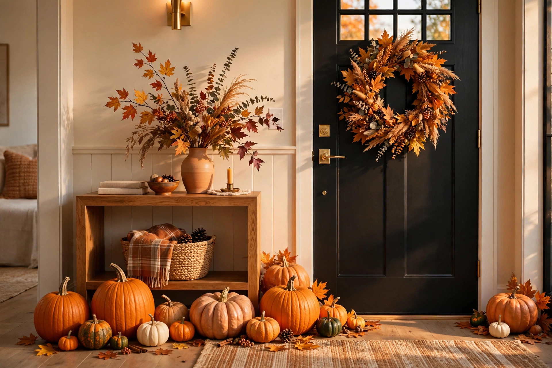 Fall entryway decor for Thanksgiving with pumpkins, a wreath, and an autumn console vignette