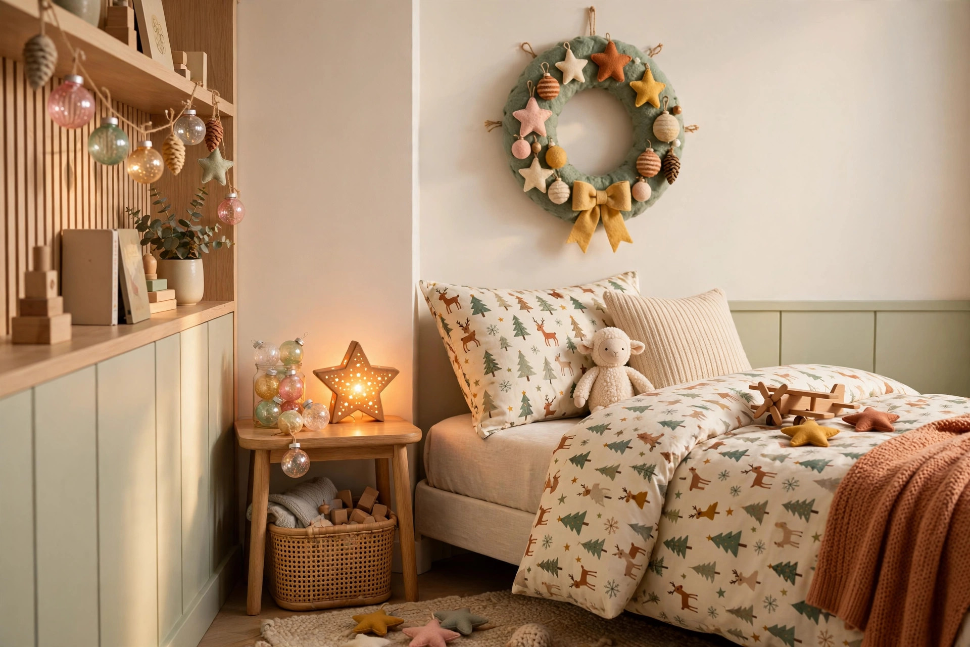 Kids bedroom christmas decor with a small shatterproof tree, felt garland, and warm night lights