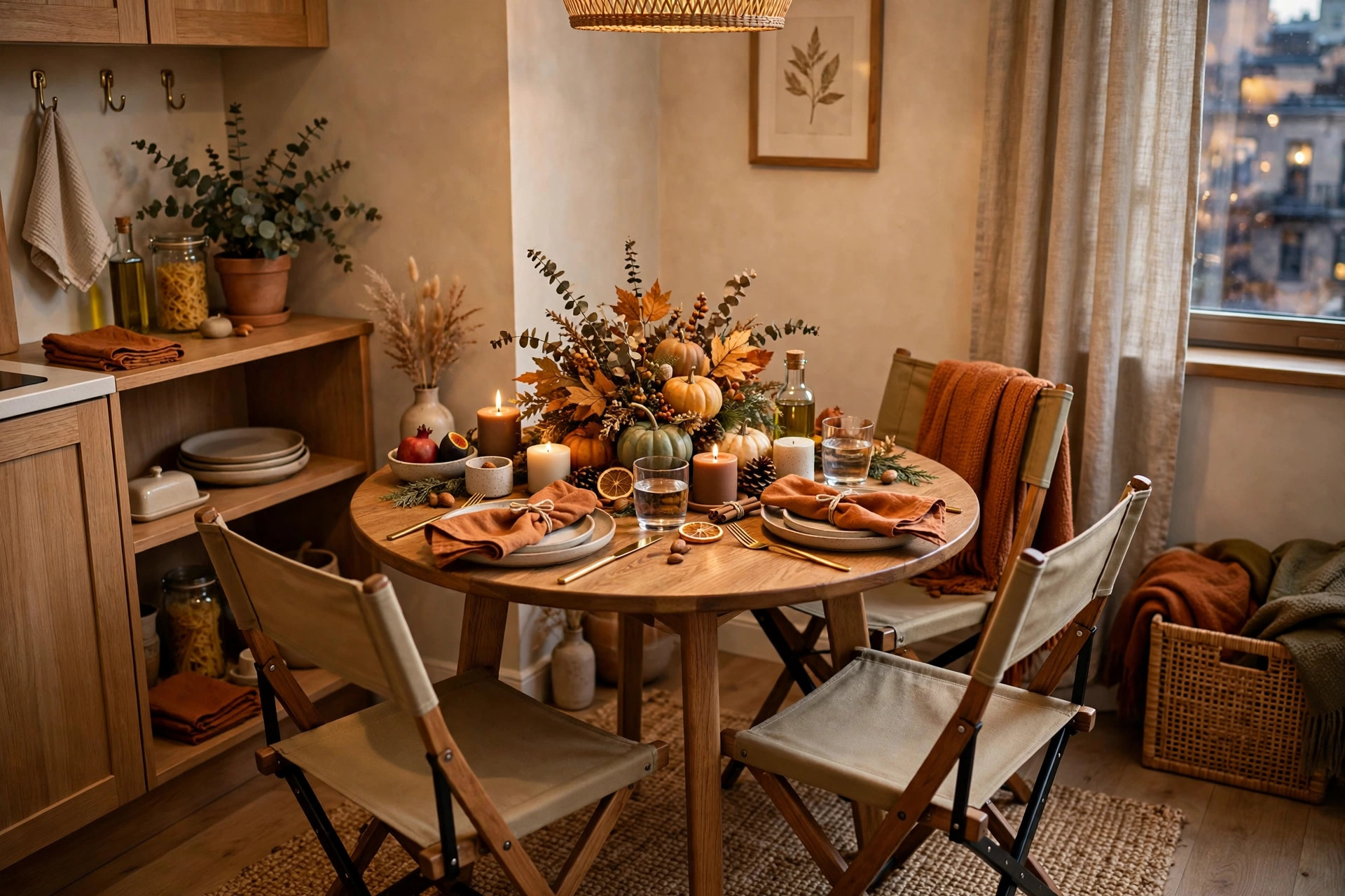 Small apartment Thanksgiving dinner table set for six in a cozy living room