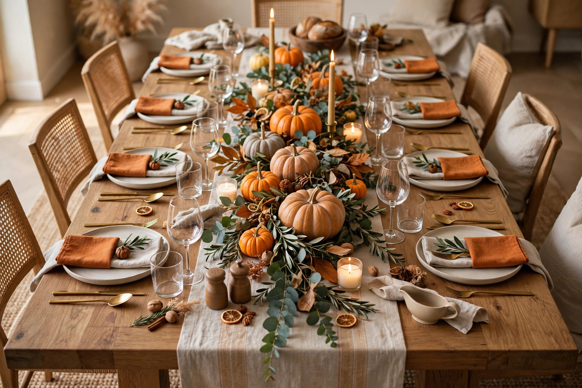 Thanksgiving table setting ideas with layered linens, pumpkin centerpiece and candlelight