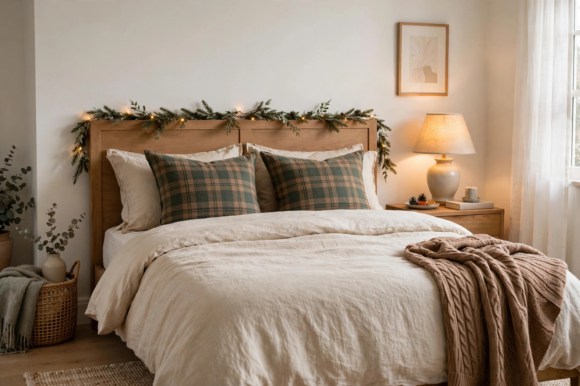 Calm bedroom with subtle Christmas decor and plaid pillows