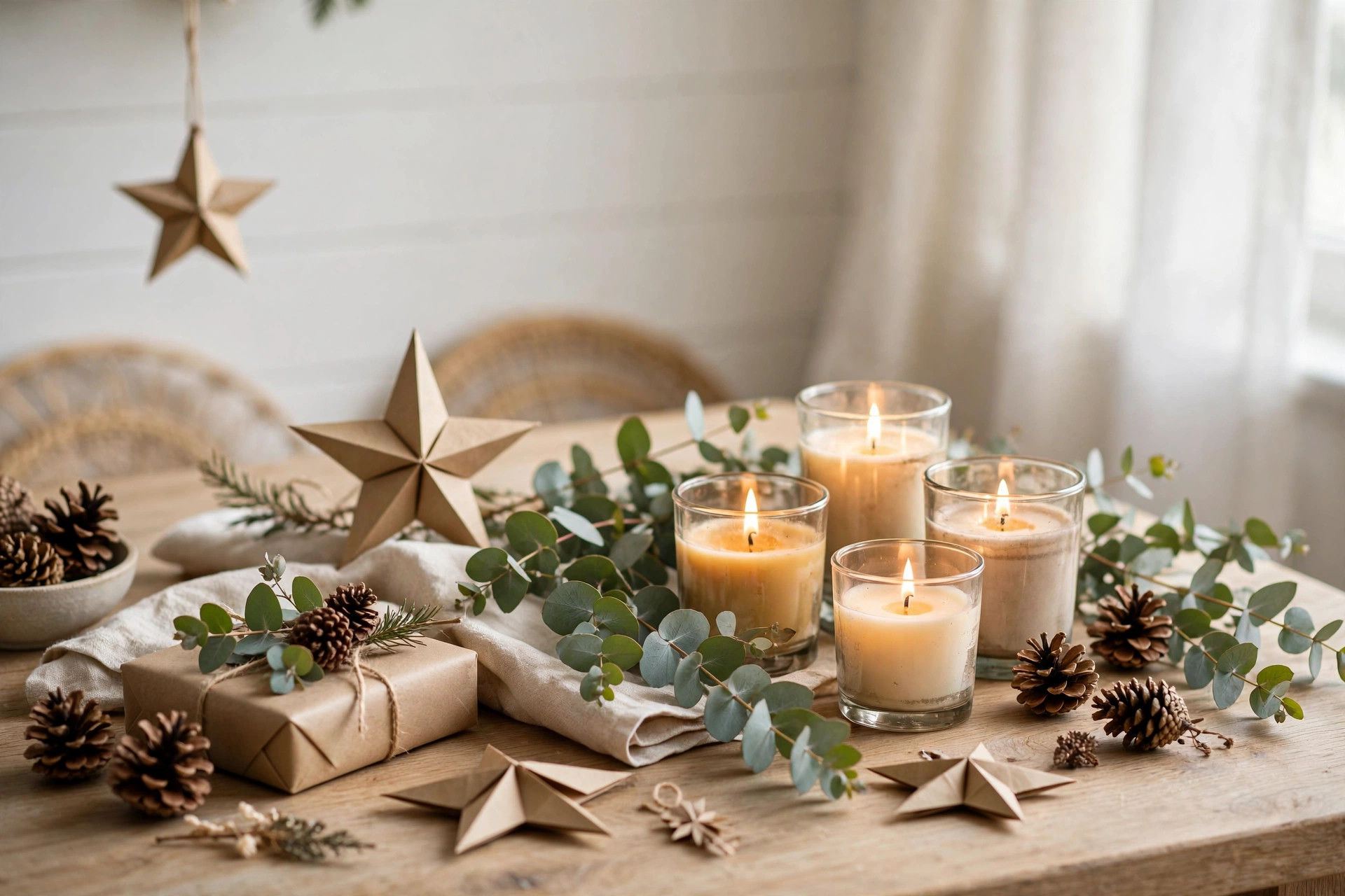 Elegant budget Christmas vignette with paper stars and candles
