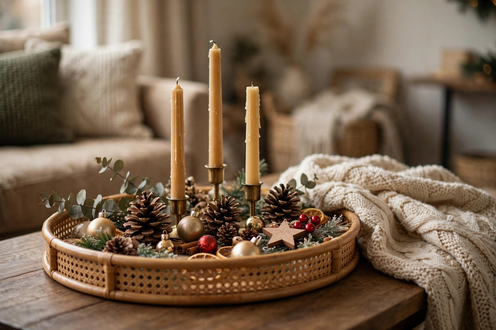 Styled Christmas coffee table vignette with tray and candles
