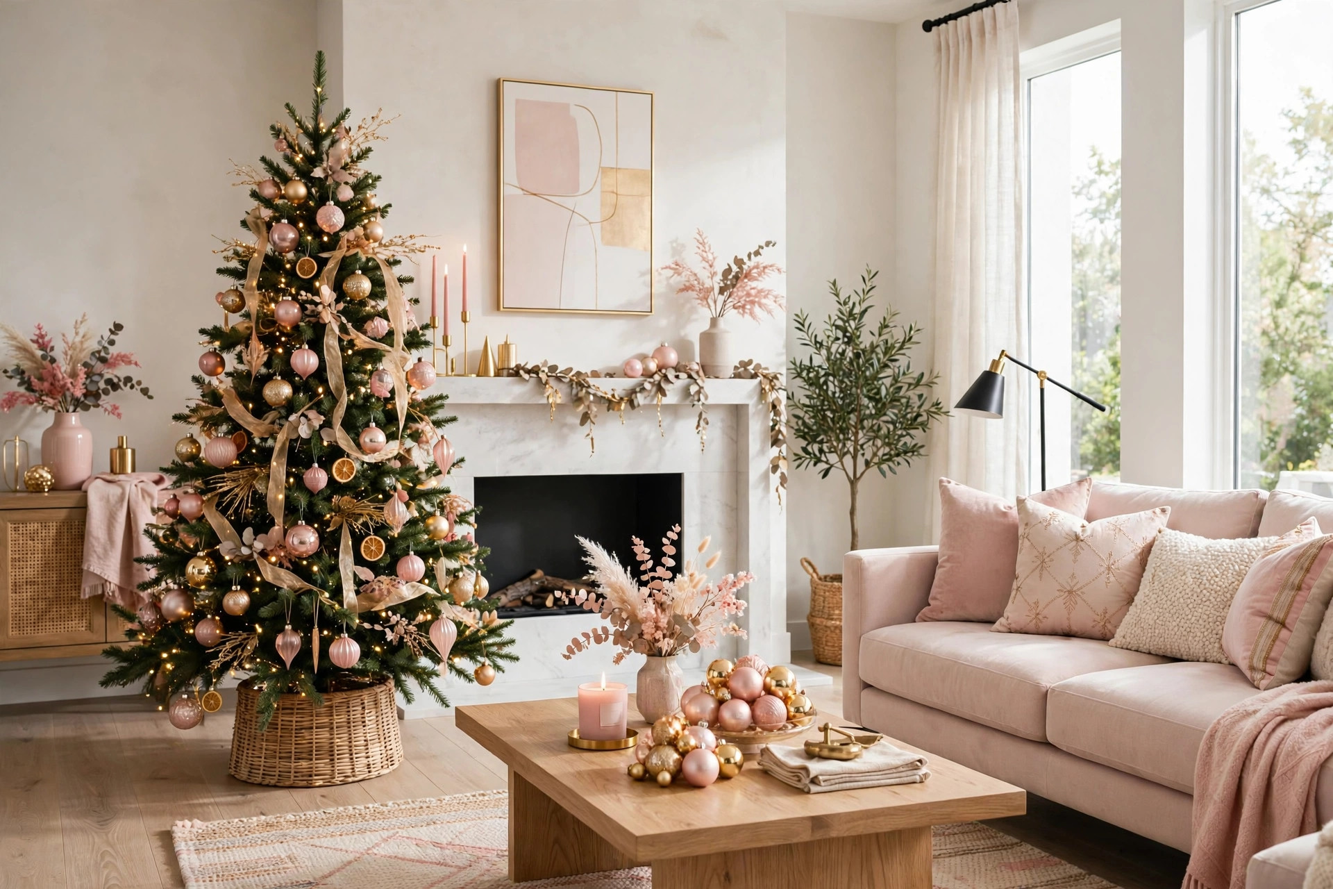 Elegant blush pink and gold Christmas decor