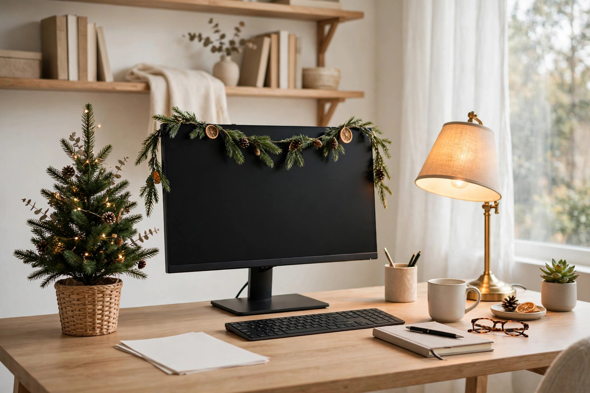 Home office desk with subtle Christmas touches
