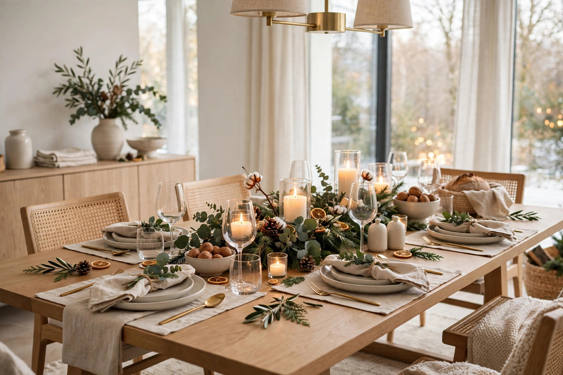 Dining table set for Christmas with candlelit centerpiece