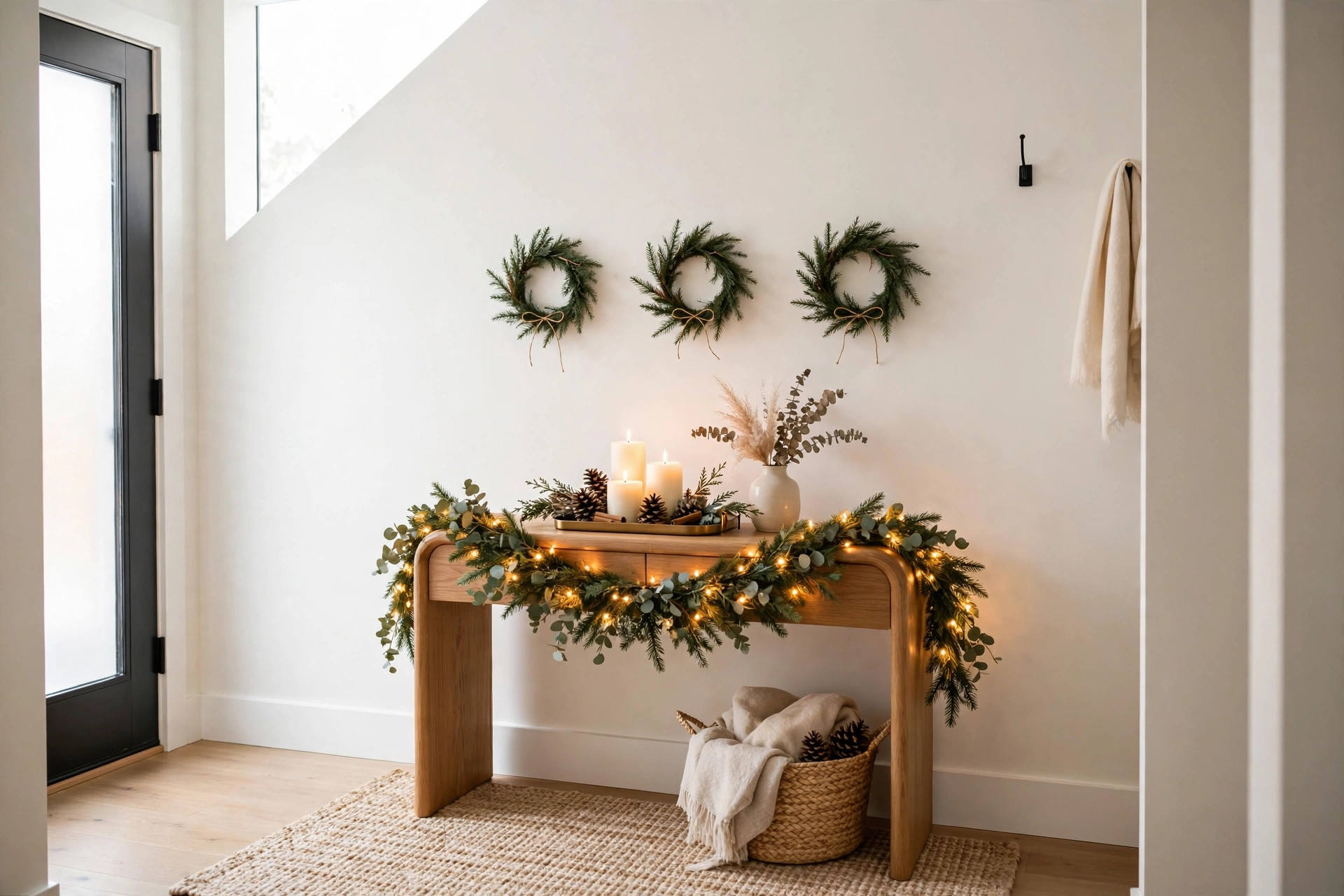 Small entryway decorated for Christmas with lit garland and wreaths