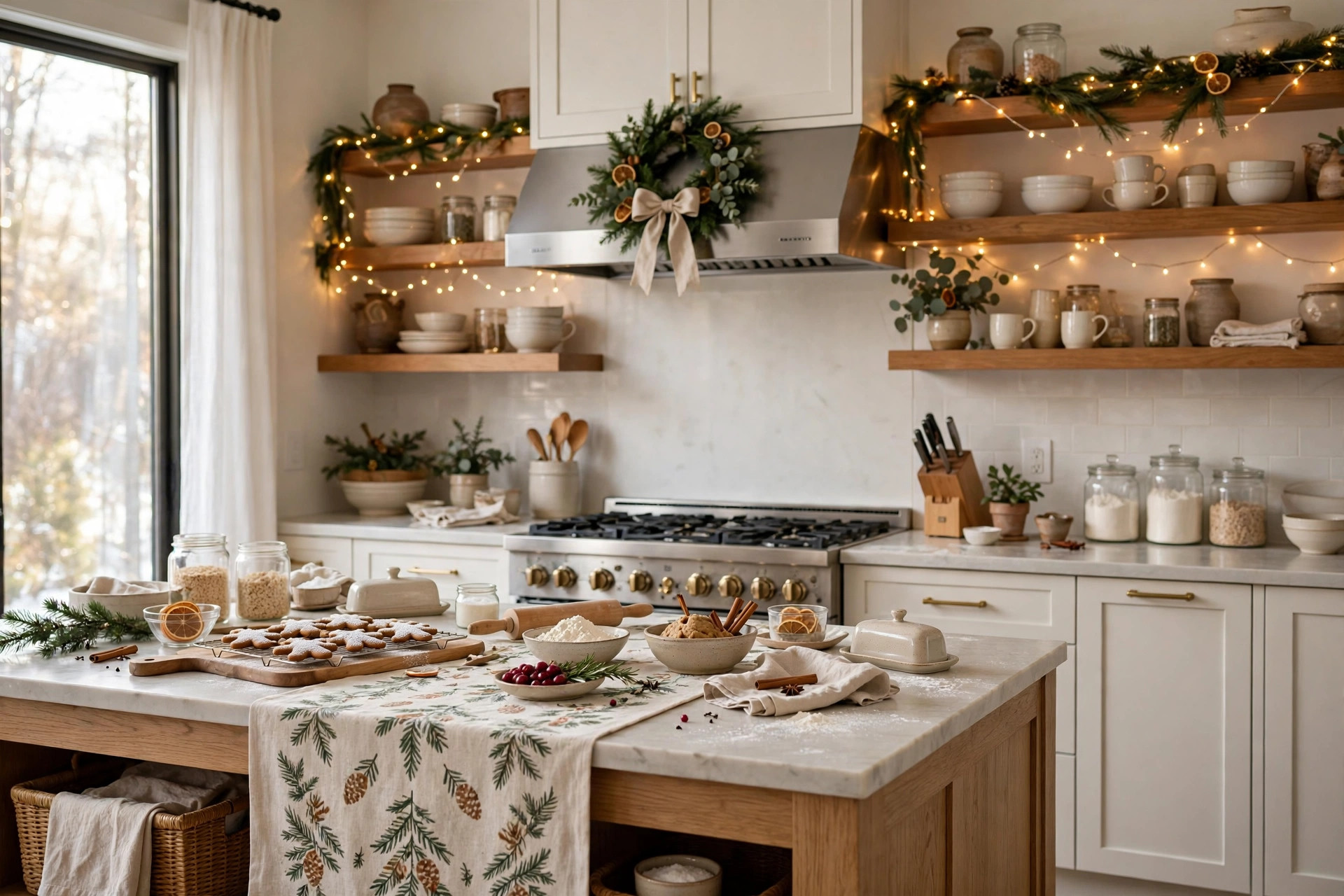 Cozy kitchen decorated for Christmas with table runner and wreath