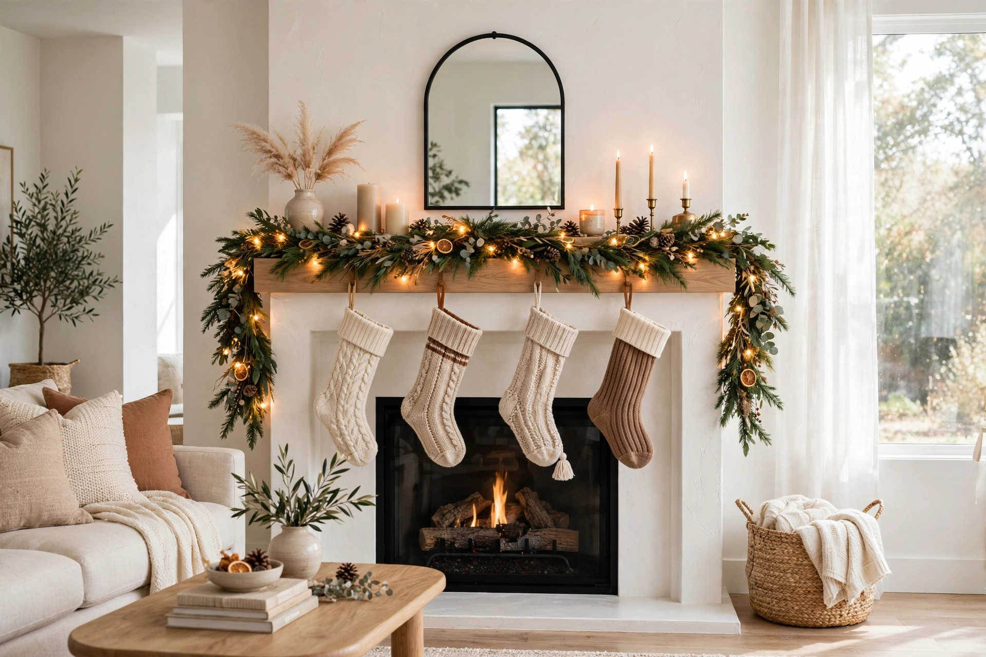 Fireplace mantel decorated for Christmas with garland and stockings