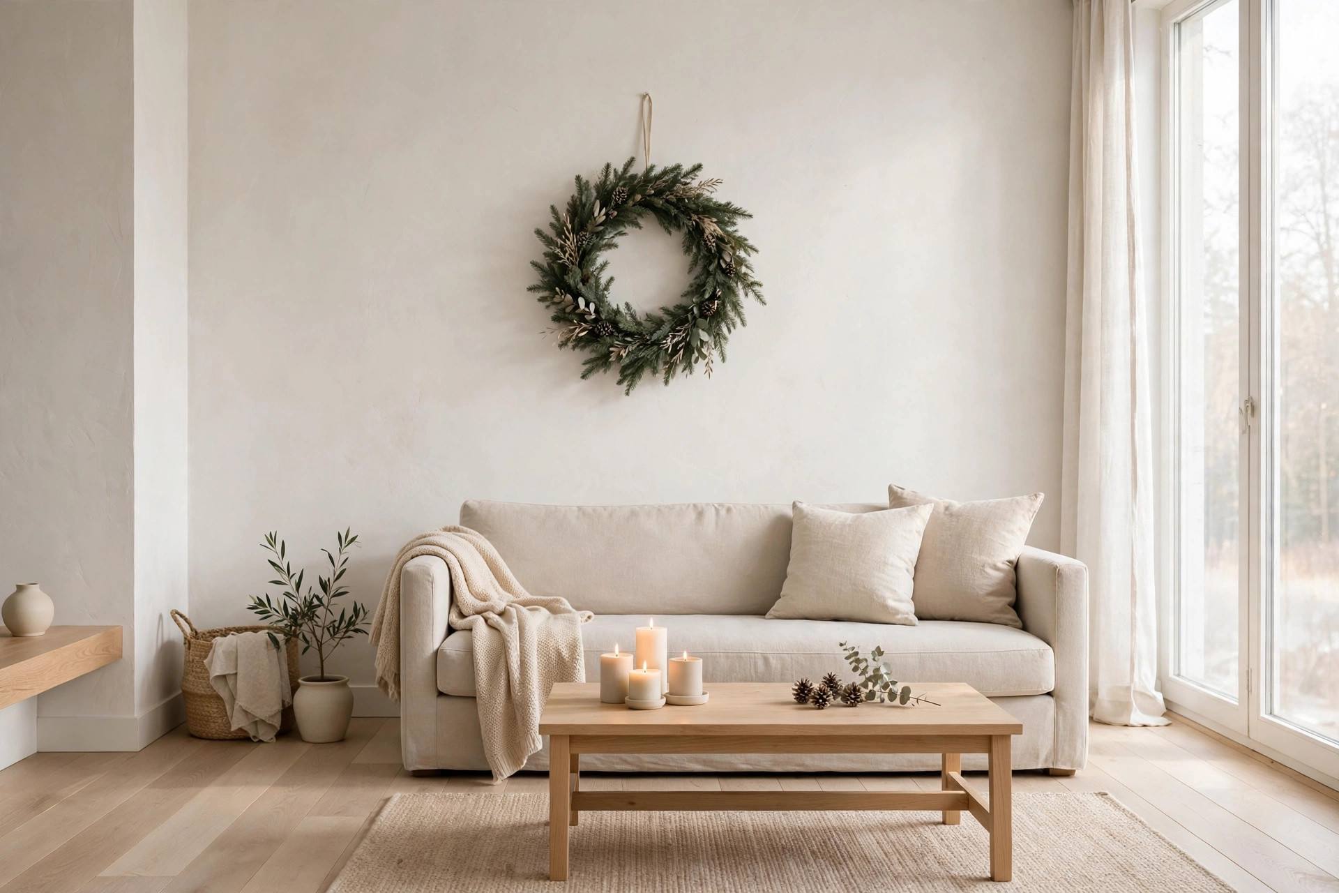 Minimalist living room with neutral Christmas decor