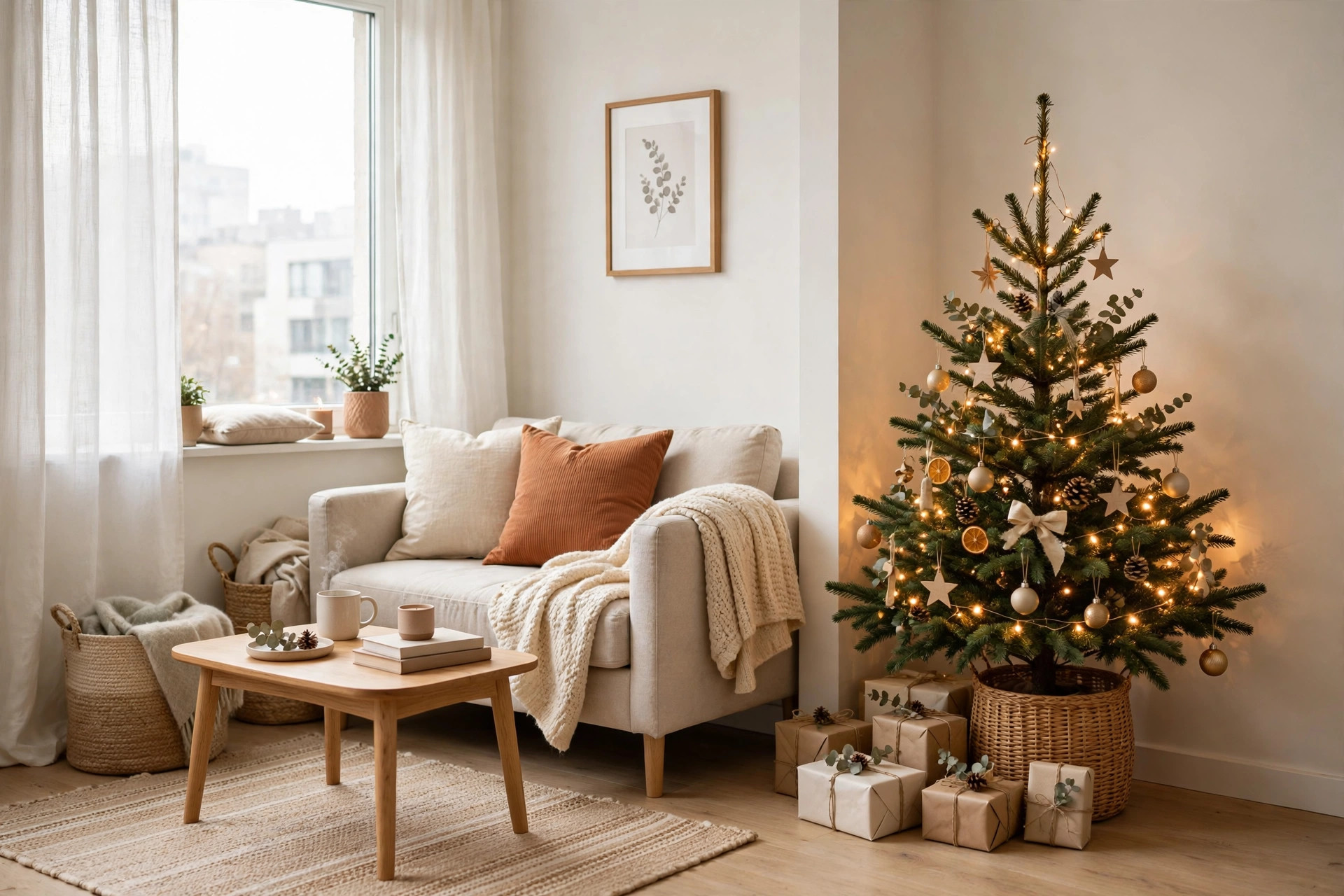 Small 3-foot Christmas tree in apartment corner
