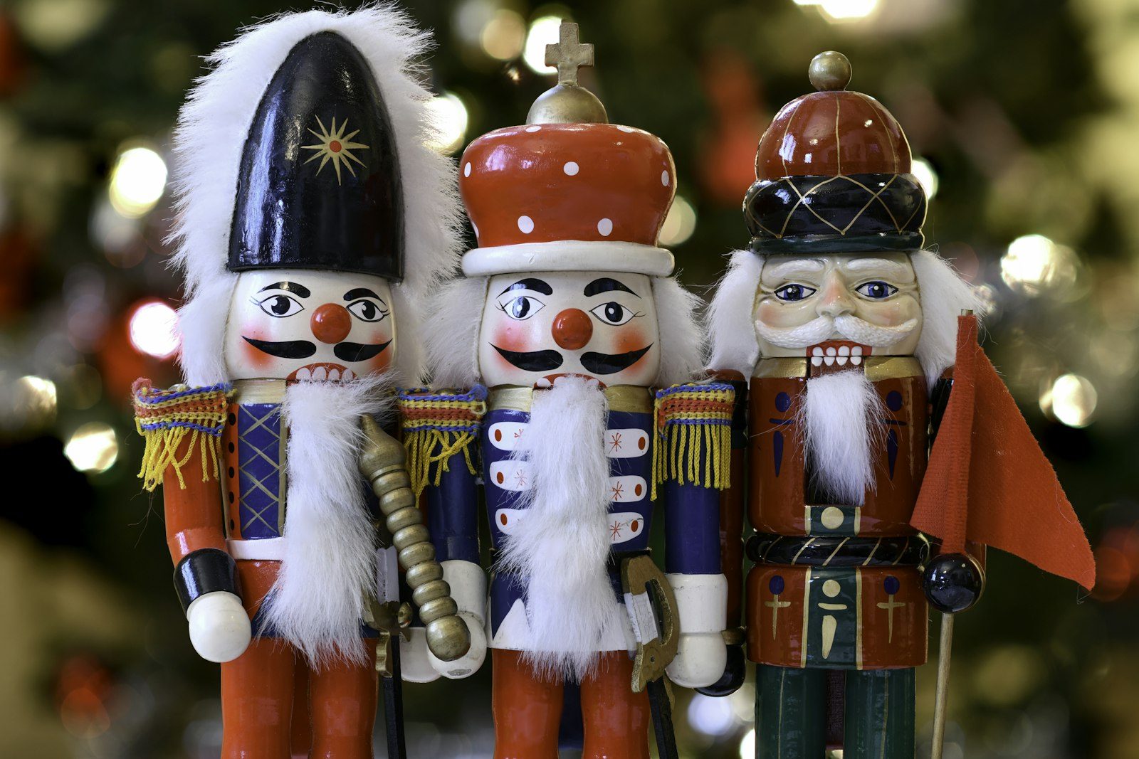 Nutcracker figurines on fireplace mantel