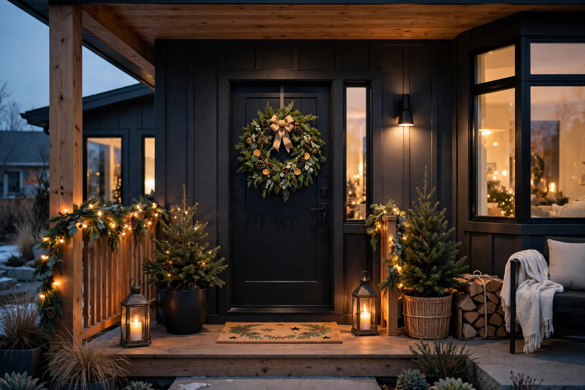 Front porch decorated for Christmas with wreath and lanterns