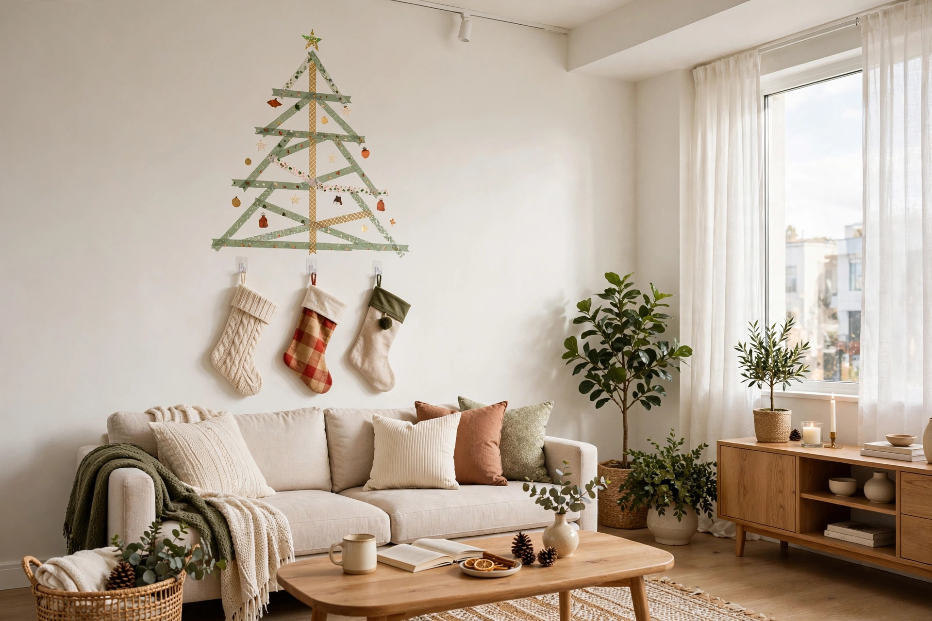 Apartment living room with renter-friendly Christmas decor, no nails