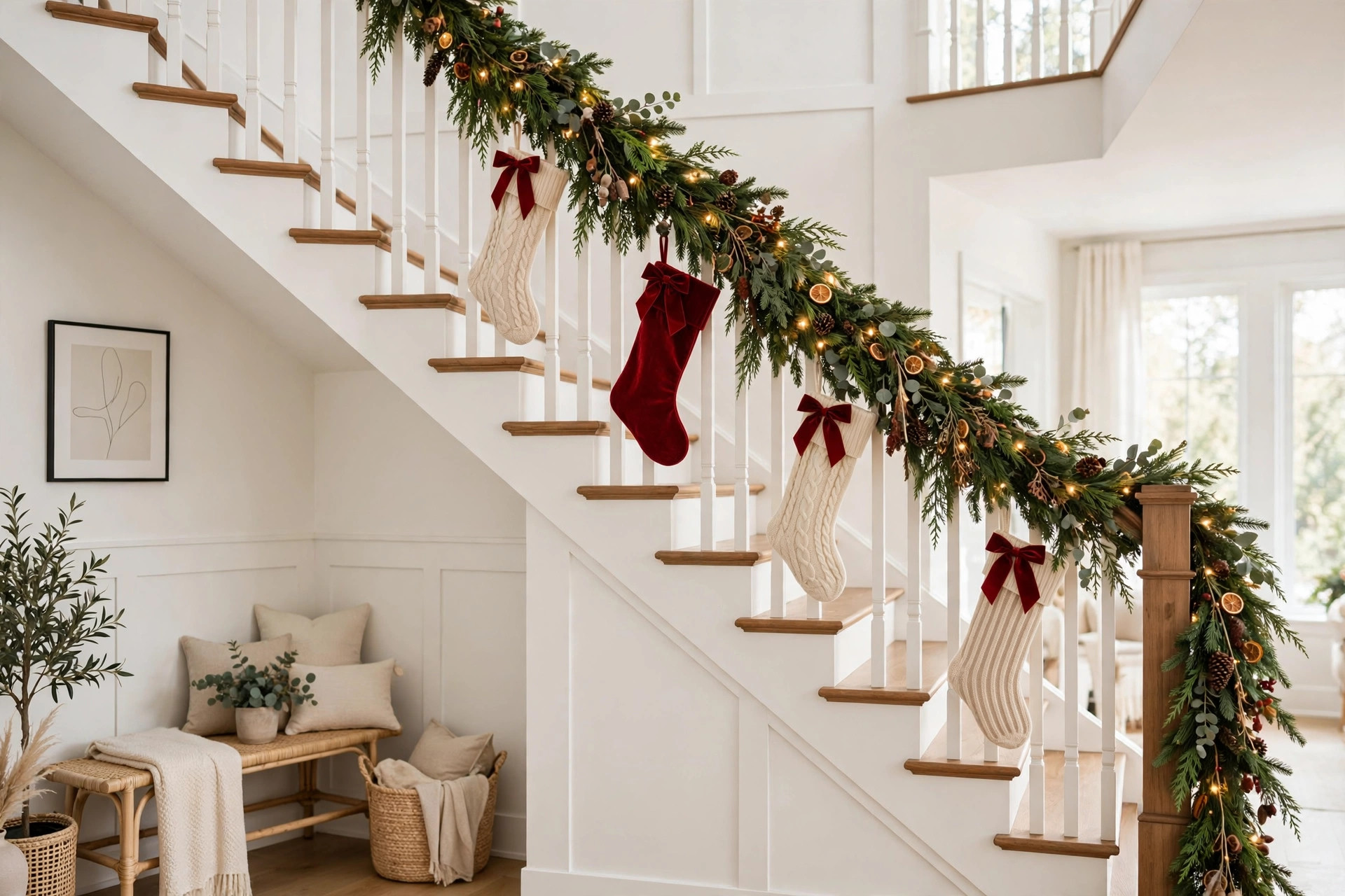 Staircase with Christmas garland on banister