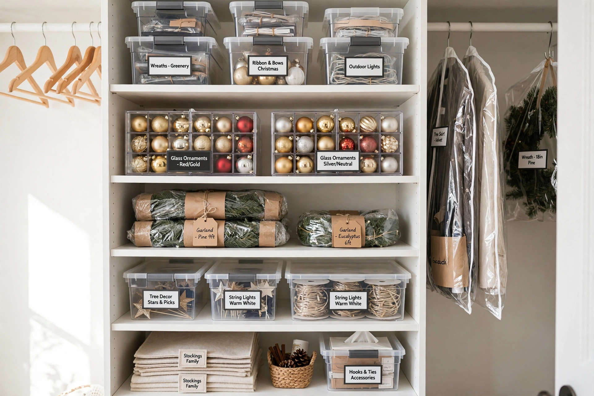 Organized Christmas decoration storage in labeled bins