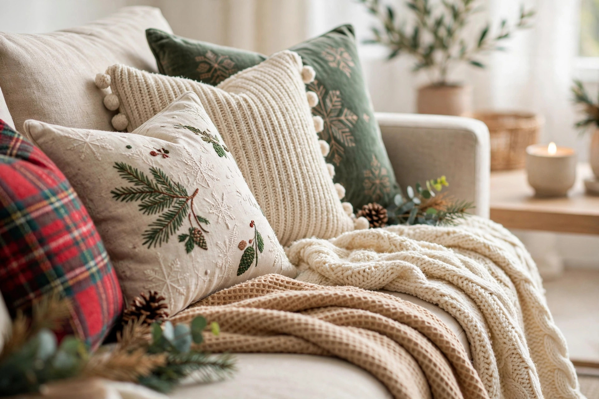 Sofa with Christmas throw pillows and blankets