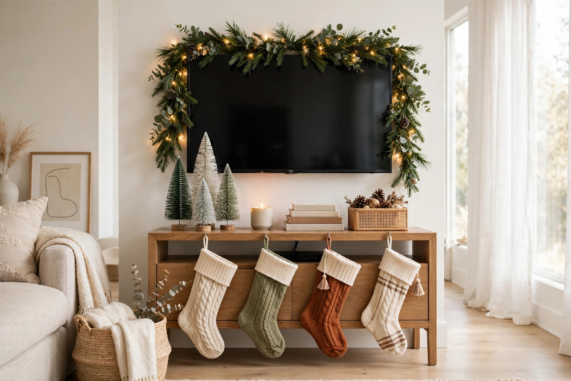 TV stand styled for Christmas with garland and bottle-brush trees, no Christmas tree