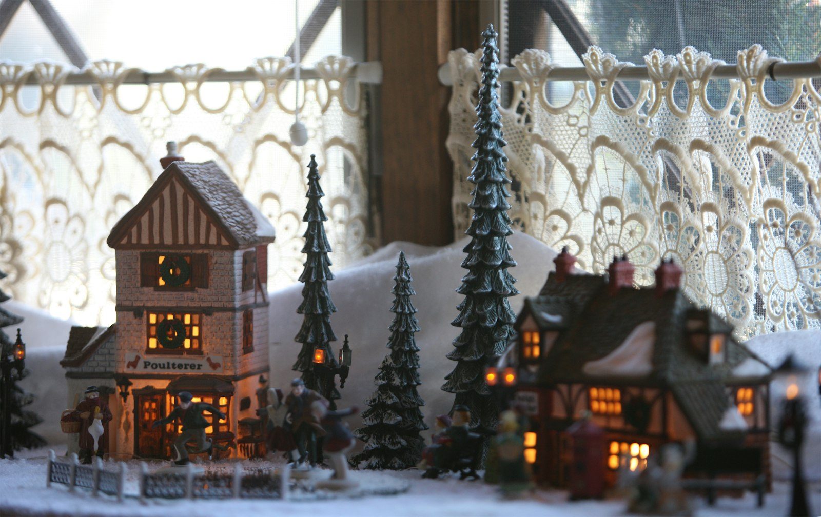 Christmas village display with lit houses