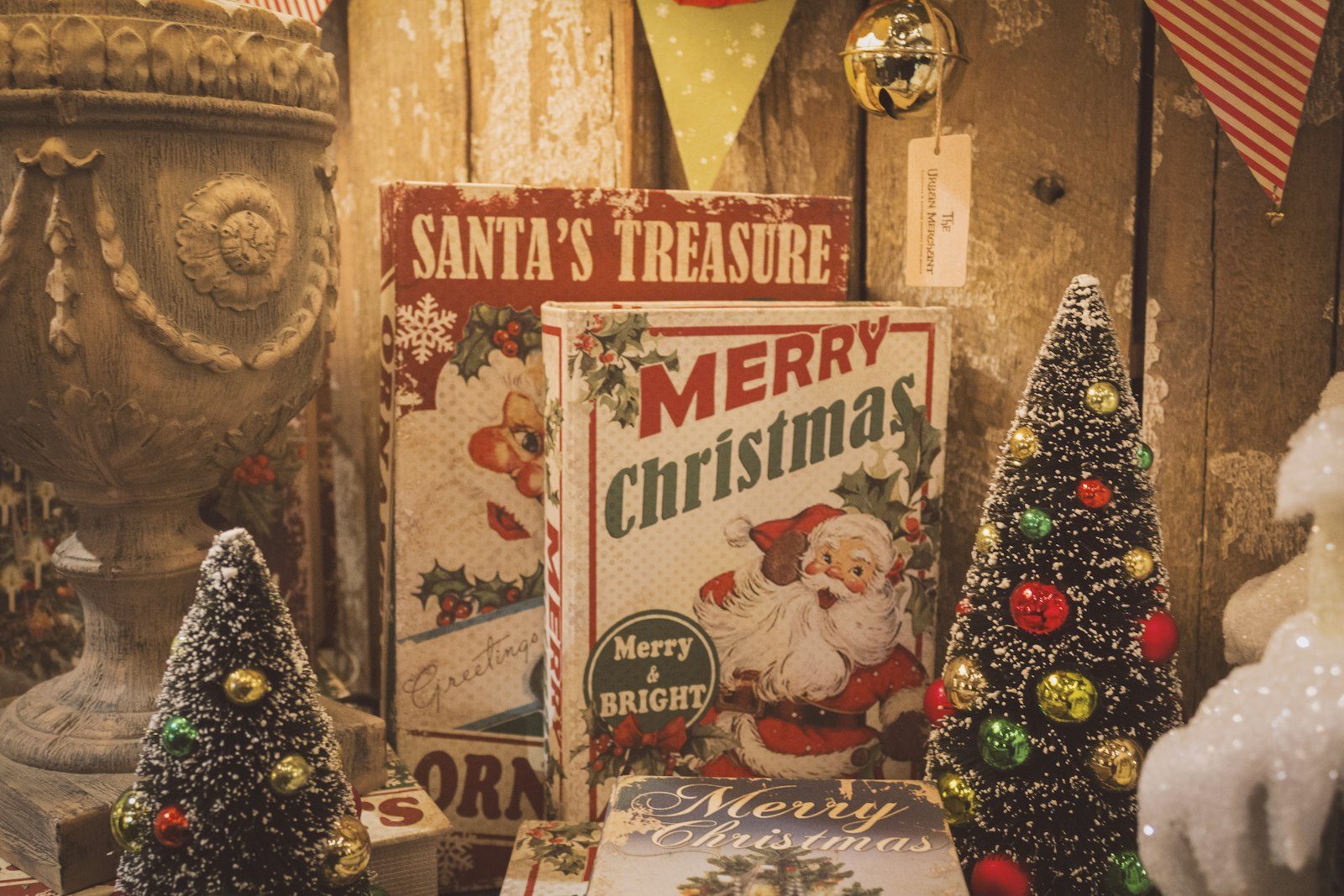Vintage Christmas decor on wooden table