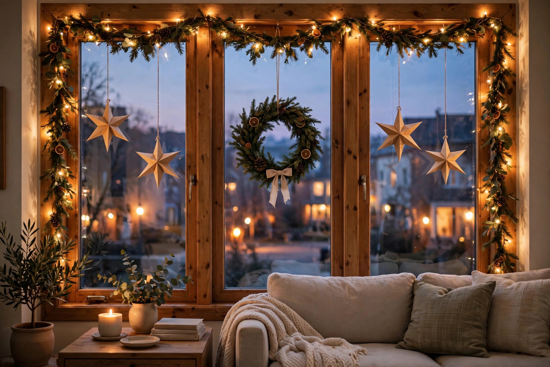 Christmas window decorated with lit garland and paper stars