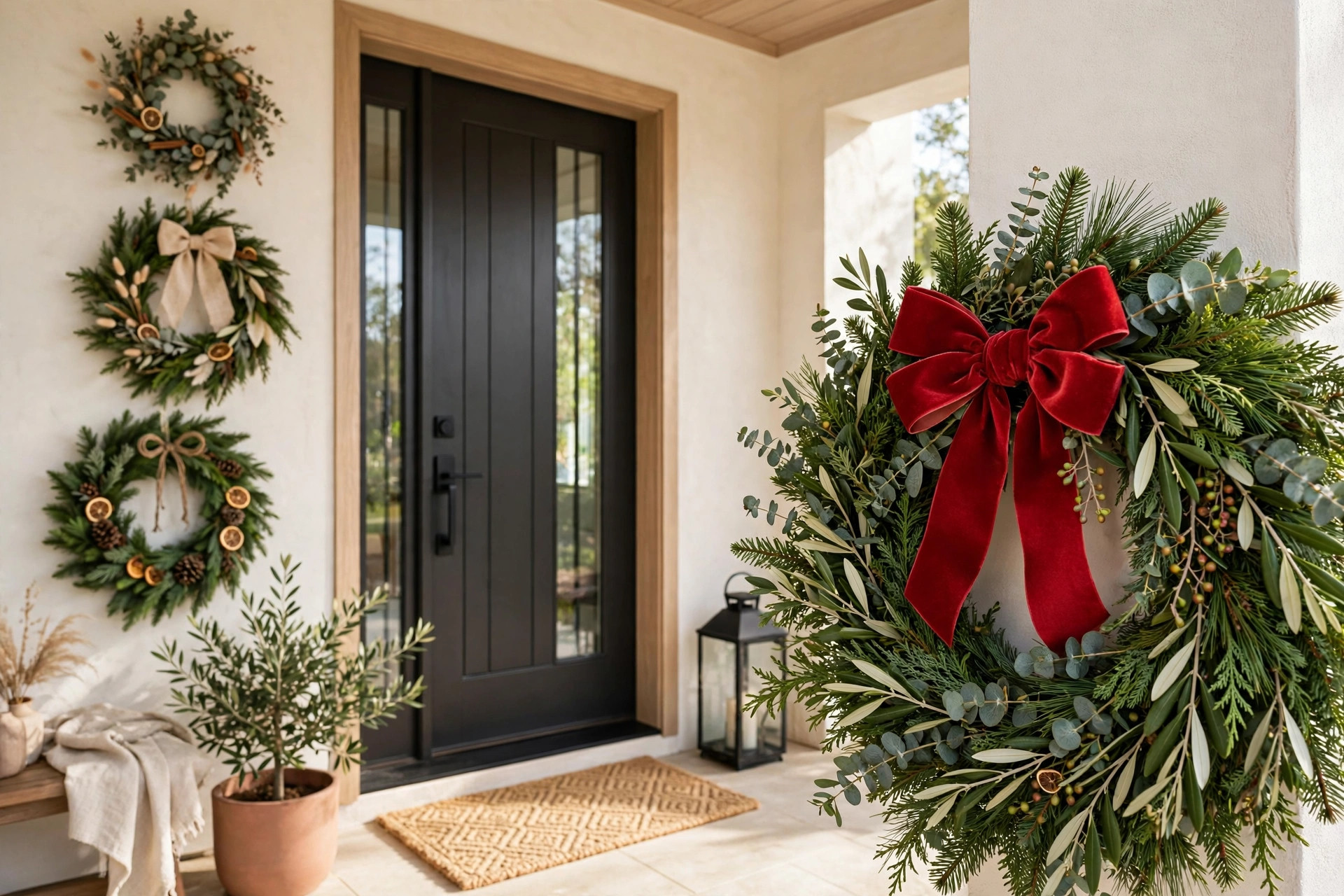 Christmas wreaths in different sizes on front door